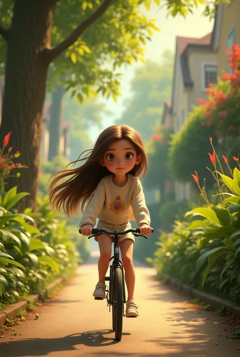 The character has long, straight, messy, browns  hair, bright yellow eyes, snow-white skin, a perfect and delicate face, she is very beautiful and is 2, make the image in the Pixar style Disney, in 9:16 format. Riding a bike on a street full of trees and b...