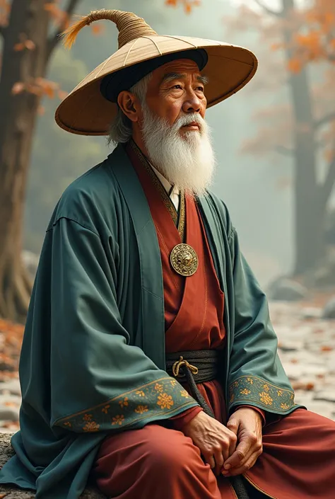 Chineese kungfu grandpa is calming down, he weared chineese hat but uzbek national clothes