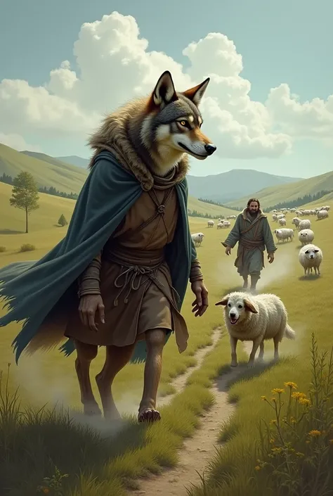 Now the wolf dressed as a shepherd imagines in his mind tasting the sheep. But then the shepherd and his dog come out because they notice the presence of the wolf who was dressed as a shepherd.. And then the dogs make the wolf run, making the wolf throw aw...