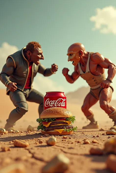 A hamburger fighting against ribs and a hotdog for the last Coca Cola in the desert 
