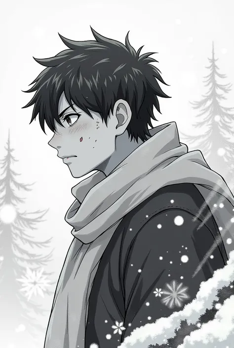 a black and white icon drawing of an anime guy wearing a scarf in a snowy place, sleeve-style, with a zoom on his face showing from the shoulders up, with some wounds and exhausted, his body is on the right of the image and his gaze is to the left