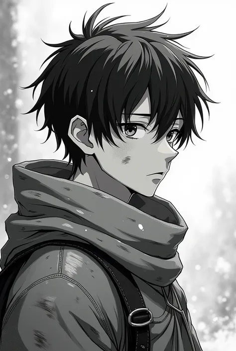 a black and white icon drawing of an anime guy wearing a scarf in a snowy place, sleeve-style, with a zoom on his face showing from the shoulders up, with some wounds and exhausted, his body is on the left of the image and his gaze is to the diagonal right