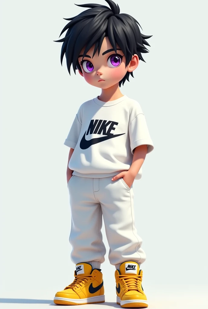 Boy purple eyes white hair white nike shirt white nike pants and yellow jordan 4 retro tennis shoes with black messy hair
