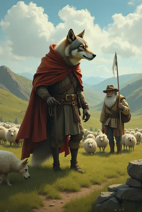 Now the wolf dressed as a shepherd imagines in his mind tasting the sheep. But then the shepherd and his dog come out because they notice the presence of the wolf who was dressed as a shepherd.. And then the dogs make the wolf run, making the wolf run away...