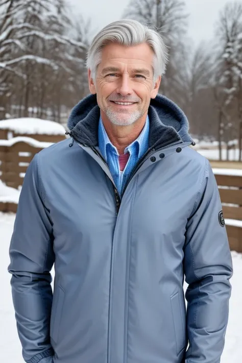 1man, a handsome german-dutch man, 54 year old, silver blonde hair color, blue eyes, smile, muscular, wearing dark brown winter jacket, closer distance face, closer distance head, his distance pressing against me, hd, high quality, best quality, masterpiec...