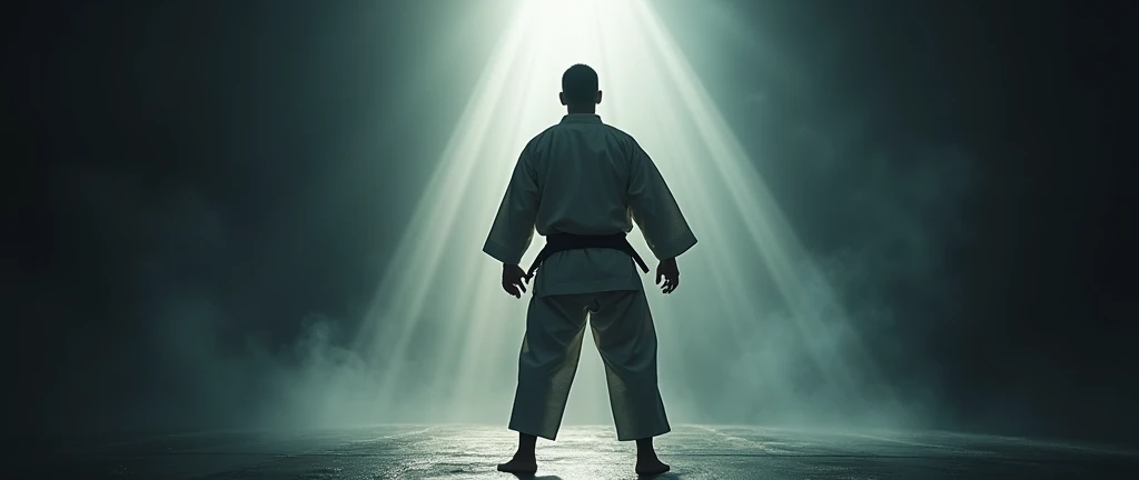 "Create a powerful and inspiring image to be placed below the &#39;Jiu Jitsu Evolution Program&#39; checkout header. The image must show a jiu-jitsu fighter in a traditional kimono, in a strong and determined pose, as if he were about to start a fight. The...