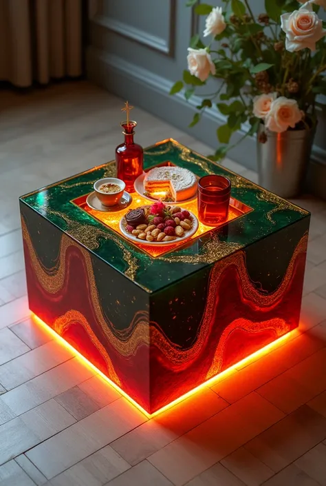 Small square table, perfect for serving coffee, handcrafted with a clear glass top that creates a stunning visual effect inside the table where distinctive decorations and accessories can be seen.. The table has warm red LED lighting placed inside the tabl...