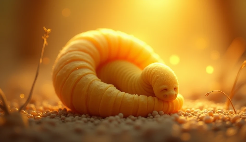 Wiggles a tiny yellow worm now completely enclosed in a soft cocoon, curled up inside and peacefully sleeping in a warm, golden glow."