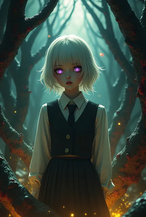 girl with a pretty face, white hair, purple eyes, (((sexy school uniform))), wearing a stylish very sexy school uniform, with a funny expression on her face, Hellwalker, incombing death, hell, black bloody veins growing and intertwining out of the darkness...