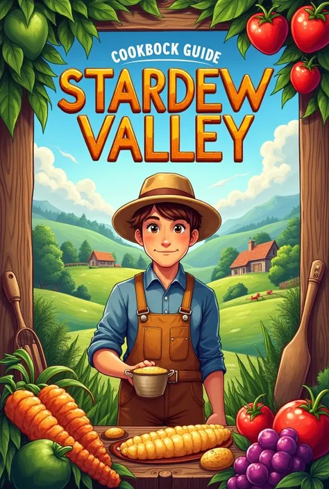 A cover of a book from the game Stardew Valley, The book explains how to play and all things about the game in an official cookbook style.