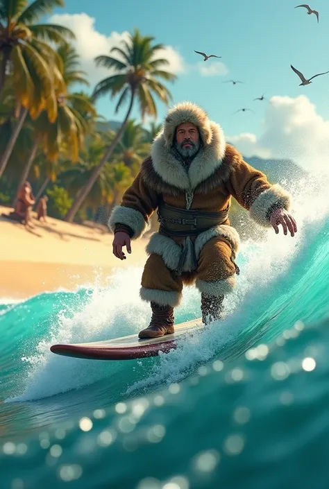 An Eskimo surfing on a sunny beach
