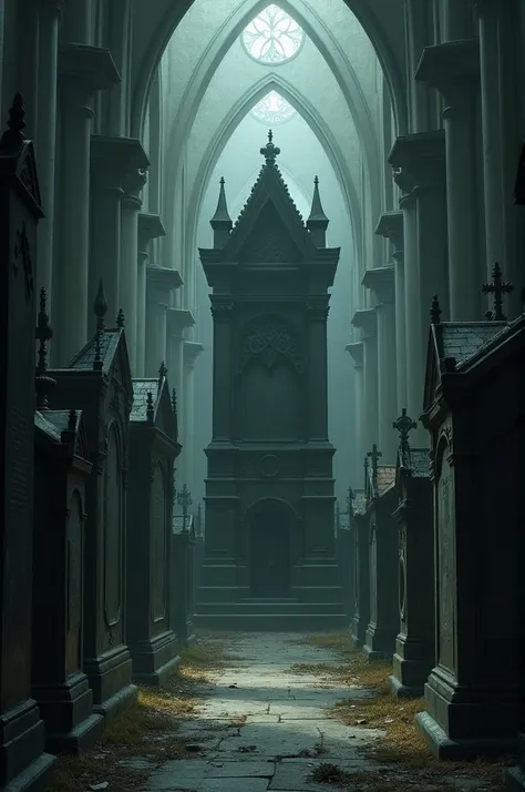 An image where the first thing you see is a tomb and is followed by a row of tombs with perspective, The further away it goes, the more it turns into a hallway of an old cathedral or church.