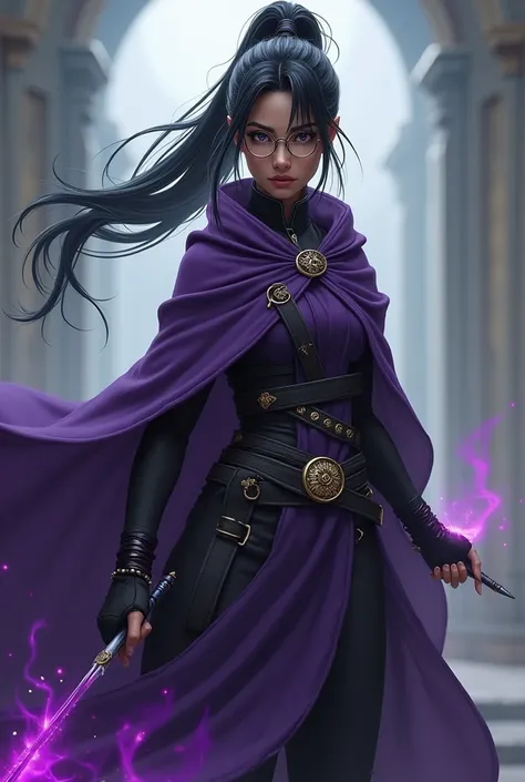 Make a full body character concept sheet of a girl, brown skin, Black hair with white streaks and hip-length tied in a ponytail with a loose side fringe, round lenses, purple-cloaked sorceress. Martial arts and magic accessories in your hands. With a serio...