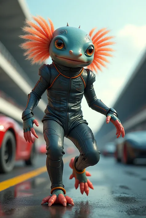 Axolotl being a racing driver with his suit but showing the complete axolotl being a driver