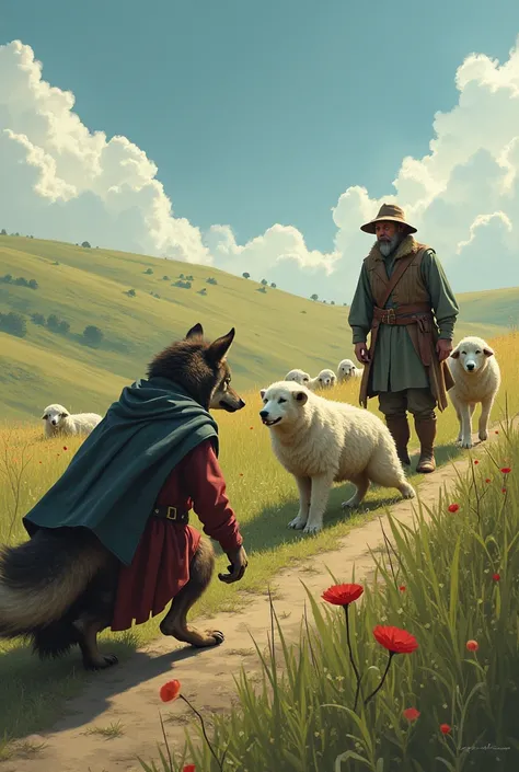 Now the wolf dressed as a shepherd imagines in his mind tasting the sheep. But then the shepherd and his dog come out because they notice the presence of the wolf who was dressed as a shepherd., making the wolf run and come out hearing on all fours 