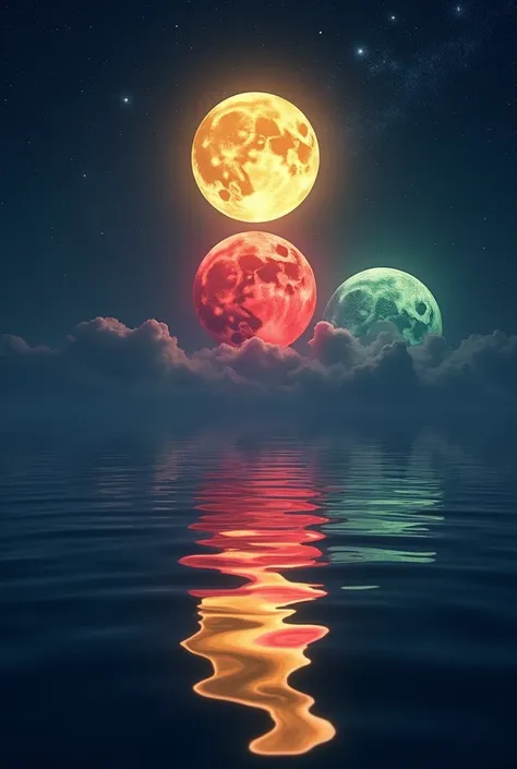 The middle moon is more yellow and the one above is more red, one moon below is half green, the starry sky and the reflection of the three moons in the water 