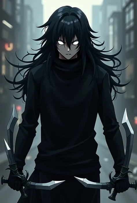 Make a My Hero Academia style character that has a black sweater and white eyes and totally black hair and with daggers in his hands 