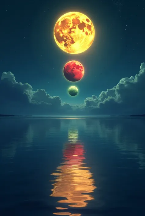 The middle moon is more yellow and the one above is more red. A moon below is half green. The starry sky and the reflection of the three moons in the water. The red moon is waning, the red is full and the yellow is crescent. 