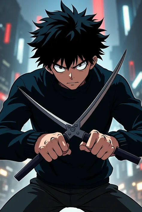 Make a My Hero Academia style character that has a black sweater and white eyes and totally black hair and with daggers in his hands and with short hair 