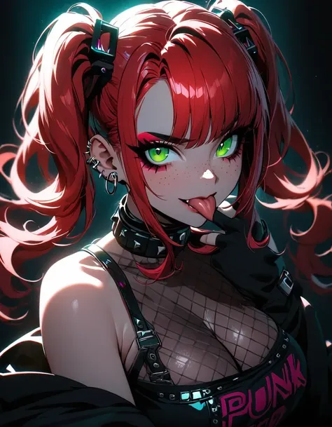 woman, curly red hair in pig tails, green eyes, eye shadow, black hoodie, black finger-less gloves, exposed shoulders, large breasts, freckles, cleavage, fishnet undershirt, looking at viewer, Holo-Punk Style, goth, earrings, eyelashes, makeup, solo, tatto...