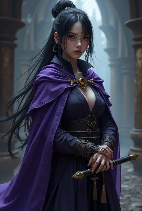 Make a full body character concept sheet of a girl, clear skin, Black hair with white streaks and hip-length hair tied in a bun with a loose side bang, round lenses, purple-cloaked sorceress. Martial arts and magic accessories in your hands. With a serious...