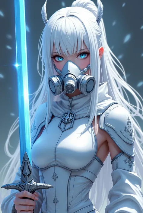 Anime girl with snow white hair, ocean blue eyes, white skin color, white warrior outfit, and with angel style, with a badass gas mask. Holding a blue sword weapon 