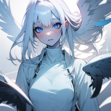 A woman, cyclops eye on his face, totally white skin, White dress, long white hair, and angel wings.