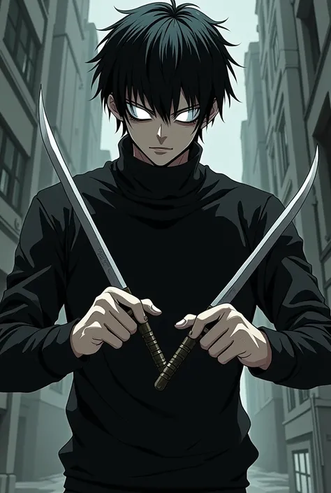 Make a My Hero Academia style character with a black sweater and white eyes and completely black hair and with daggers in his hands and with short hair and a serious face and pale skin