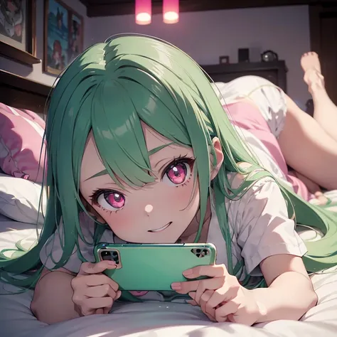 Better quality images, anime style, neon pink eyes, very detailed background, perfect lighting, Whole body, plano lateral, a young woman, 20 years, height 171 cm, alone, long mint green hair, white pajamas, She is lying face down on the bed,  In his bedroo...