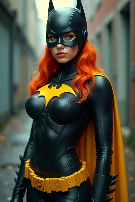 A TEEN FEMALE WITH A SEXY BODY, LONG ORANGE HAIR AND GREEN EYES WEARING A COMPLETE BATGIRL COSTUME AND CAPE. ABSURD 8K RESOLUTION, INCREDIBLY DETAILED SKIN AND EYES, FULL BODY