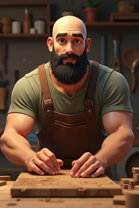 Handsome animated bald man with black beard making crafts with wood so that his shoulders and face can be seen from the front as if for a personal identification photo 

