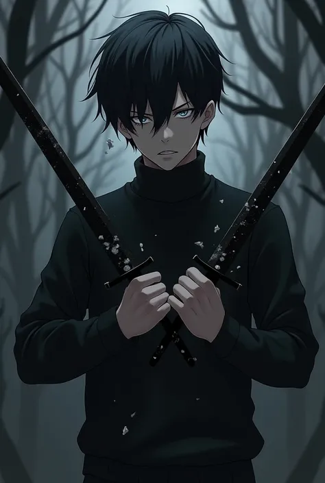 Make a character in the style of My Hero Academia who has a black sweater and white eyes and completely black hair and with daggers in his hands and with short hair and a serious face and pale skin and who uses his power of darkness that he envelops in his...