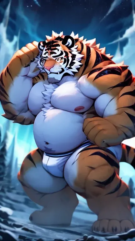 anime style, ((whole body)), ((White briefs)), standing, ((fat middle-aged tiger man)), kick, BREAK  ((brown eyes)), beautiful beard, beautiful ears, (male face:1.3), (big face:0.5), square jawline, (Male Eyes:1.2), (sharp eyes:0.8), (big eyes:0.5), male e...