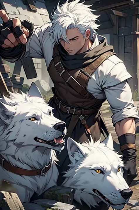 a white wolf man with legendary blacksmith class
