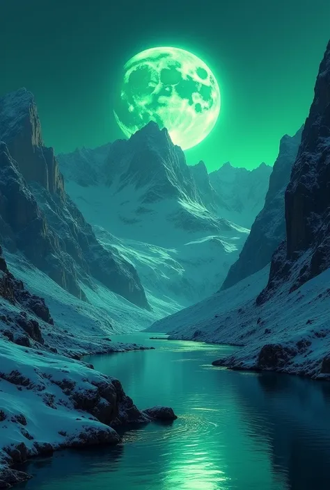 Mountainous landscape with snow and at night with a river and the green moon reflected in the water