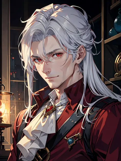 handsome，red-eyes，red pupils，SILVER hair，Hyperresolution，accuracy，Detailed rendering，（Subtle facial image）（Image of fine hair）（topquality）（Masterpieces of masters）（High degree of completeness）（A sense of atmosphere）tmasterpiece，Super detailed and super det...