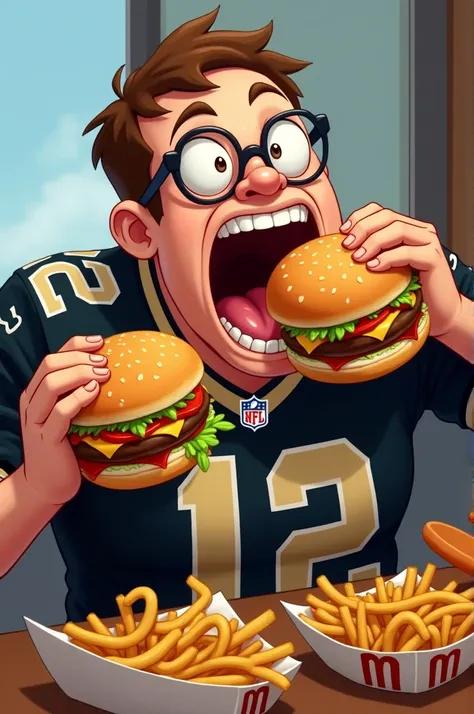 White guy with short brown hair and glasses in a saints nfl jersey shoveling McDonald’s double quarter pounders in his mouth