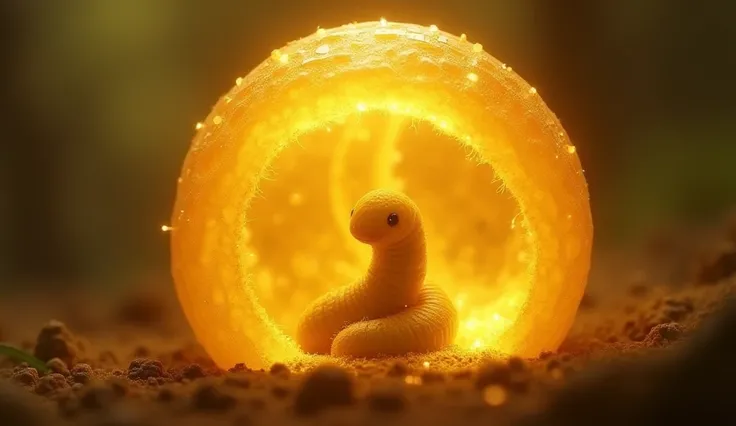 Tiny plain yellow worm completely inside the cocoon with golden glowing