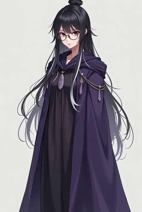 Make a full body character model sheet of a girl, clear skin, Black hair with white streaks and hip-length hair tied in a bun with a loose side bang, round glasses, purple-cloaked sorceress. Martial arts and magic accessories in your hands. With a serious ...