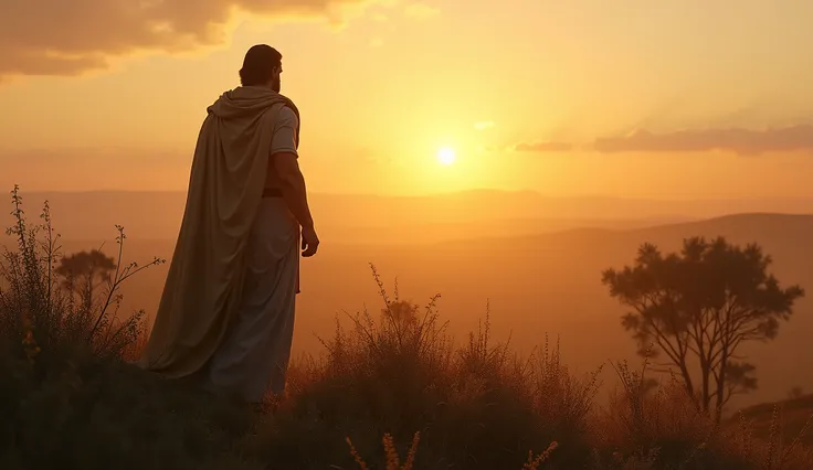 Create a hyper-realistic and mysterious image of Solomon in an open field at dawn, standing on a hill overlooking a vast territory. He is looking at the horizon, where the sun is beginning to rise, softly illuminating the scene with golden light. The field...