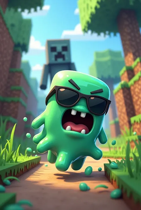 A slime-based Minecraft character with sunglasses, running from a creeper