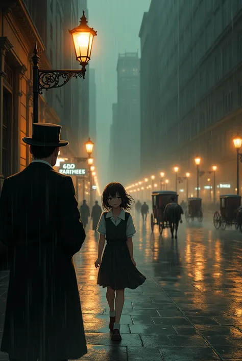 Girl walking on the rainy street without an umbrella,man smoking, carriages, newyork, buildings, lights,tempest,reflexes,suru , anime styling