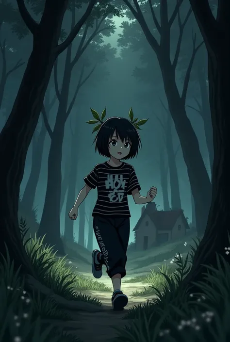 An anime girl with white skin with a plant accessory on her head, short black hair, black and white t-shirt, black pants with white bad letters, running sideways the image in a dark forest, who finds a damaged house