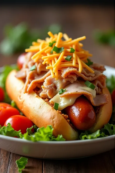 Hot dog with corn, grated ham, shredded chicken in the sauce. On top of catupiry, straw battle and chopped lettuce and tomato salad