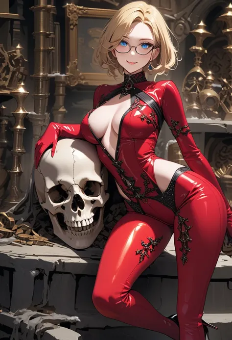 A shot framed by rows of cold, calculating LED lights casts an eerie glow on a lab filled with human bones. A stunning woman, her blonde hair styled neatly, stands amidst the relics in stiletto heels and a provocative outfit - a red pencil suit with a low-...