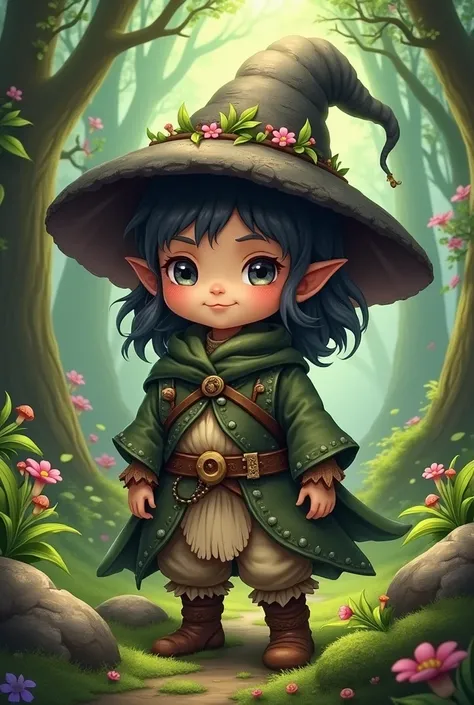 Halfling druid with a face similar to Falin from Dungeon Meshi, wearing dark mushroom hat
