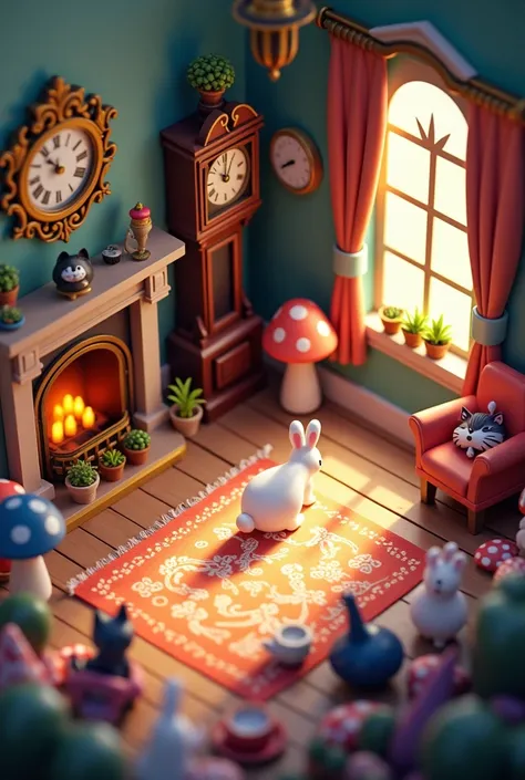 Generate an isometric rendering of a room featuring objects from Disneys "Alice in Wonderland." Ensure the representation is cute and easily recognizable. Create a cozy ambiance through the lighting, and make the compositing strong and impactful, reflectin...