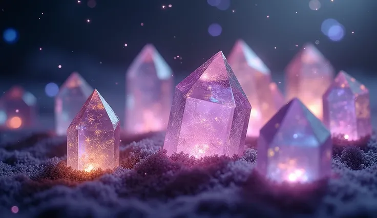 A close-up of various crystals, like amethyst and quartz, radiating soft, colorful light. The background is a dark, starry field with gentle cosmic sparkles, emphasizing the spiritual and energetic aspects of the crystals. --ar 16:9