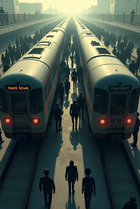 Make a picture of two trains on the 1st train it says next love and on the other train it says hatetrain So hate and let the picture look like this, that people have the choice between the two trains but everyone chooses the hate train instead of the next ...