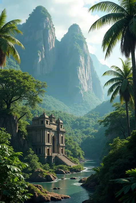 very very very towering jungle mountains over tropical jungle with palm trees and african stone Palace